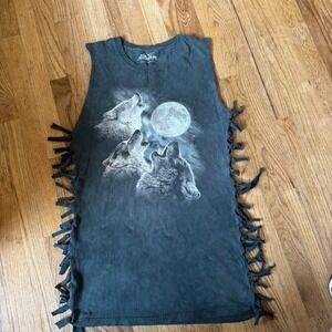 The Mountain Three Wolf Moon Graphic Tank Top Custom Fringe Side Tie Black 3XL